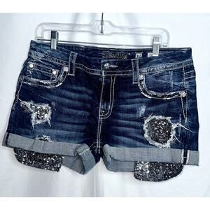 Miss Me Womens Size 31 Mid Rise Silver Sequin Pocket Bling Easy Short